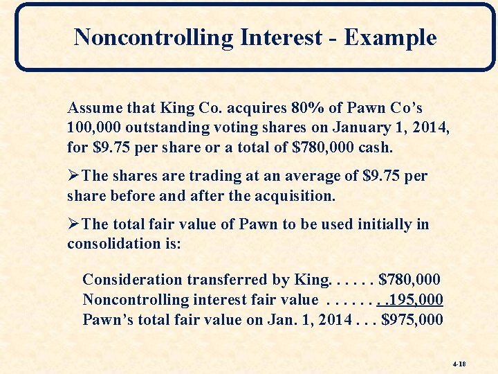 Noncontrolling Interest - Example Assume that King Co. acquires 80% of Pawn Co’s 100,
