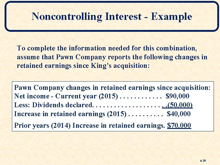 Noncontrolling Interest - Example To complete the information needed for this combination, assume that