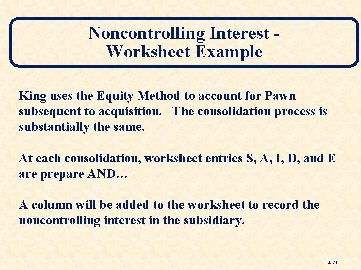 Noncontrolling Interest Worksheet Example King uses the Equity Method to account for Pawn subsequent