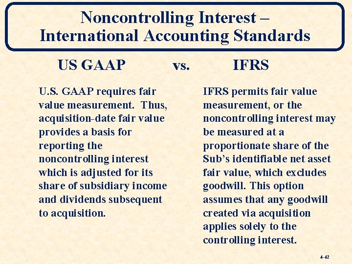 Noncontrolling Interest – International Accounting Standards US GAAP U. S. GAAP requires fair value