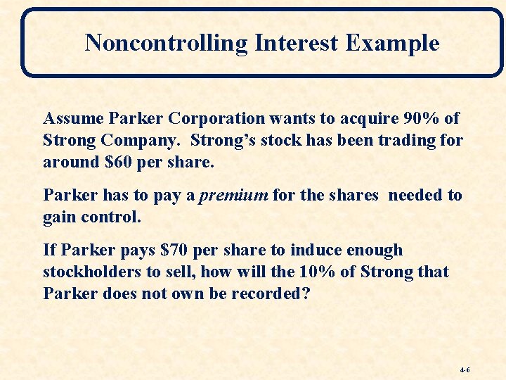 Noncontrolling Interest Example Assume Parker Corporation wants to acquire 90% of Strong Company. Strong’s