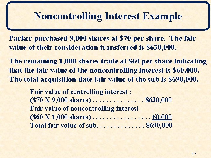 Noncontrolling Interest Example Parker purchased 9, 000 shares at $70 per share. The fair