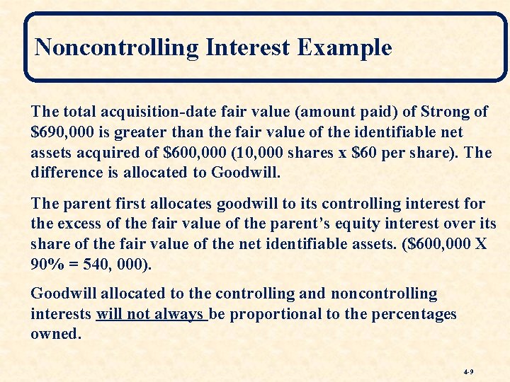 Noncontrolling Interest Example The total acquisition-date fair value (amount paid) of Strong of $690,