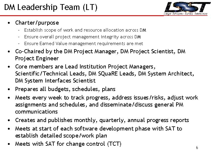 DM Leadership Team (LT) • Charter/purpose – Establish scope of work and resource allocation