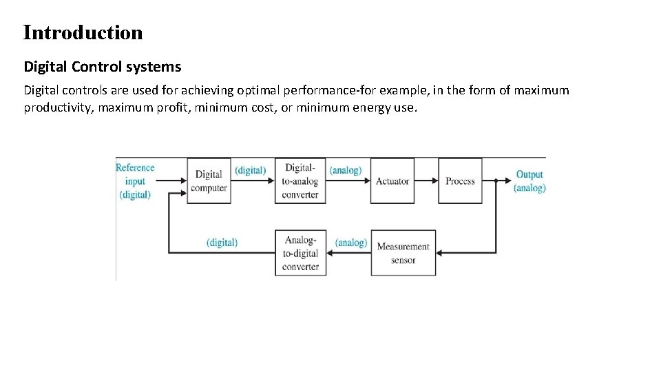 Introduction Digital Control systems Digital controls are used for achieving optimal performance-for example, in