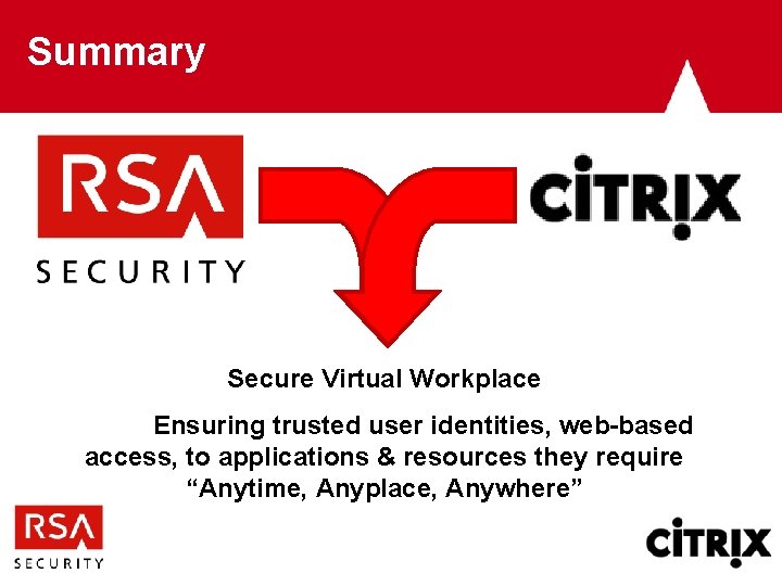 Summary Secure Virtual Workplace Ensuring trusted user identities, web-based access, to applications & resources