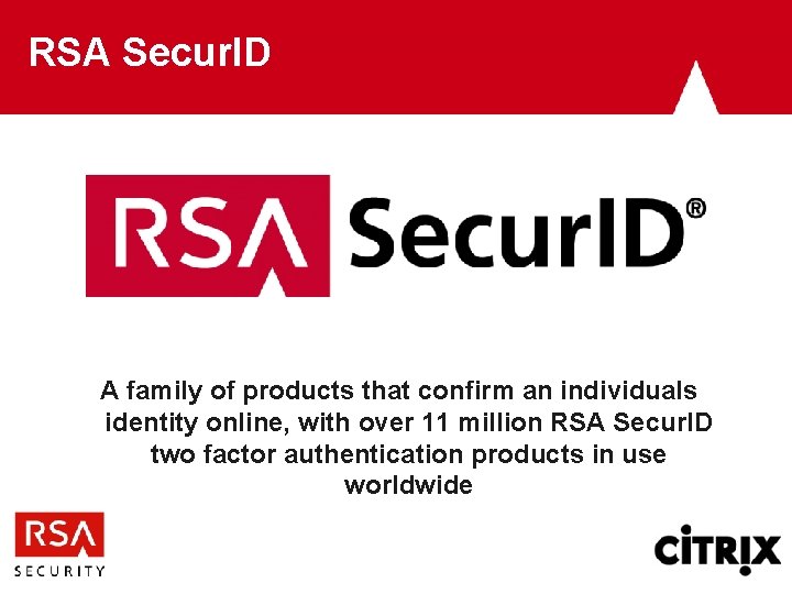 RSA Secur. ID A family of products that confirm an individuals identity online, with