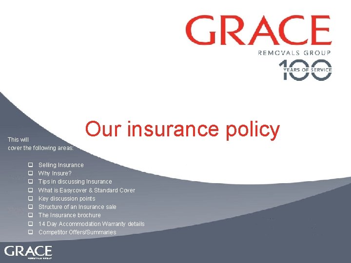 This will cover the following areas: q q q q q Our insurance policy