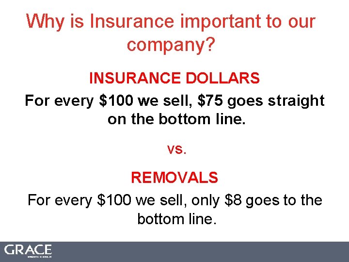 Why is Insurance important to our company? INSURANCE DOLLARS For every $100 we sell,