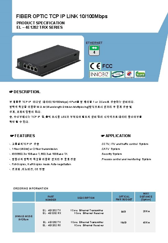 FIBER OPTIC TCP IP LINK 10/100 Mbps PRODUCT SPECIFICATION EL – 4 E 1202