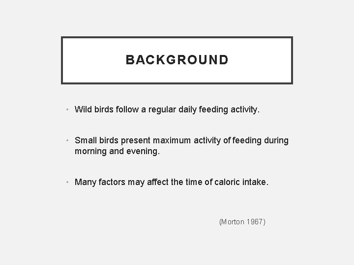 BACKGROUND • Wild birds follow a regular daily feeding activity. • Small birds present