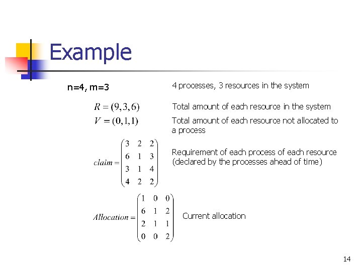 Example n=4, m=3 4 processes, 3 resources in the system Total amount of each