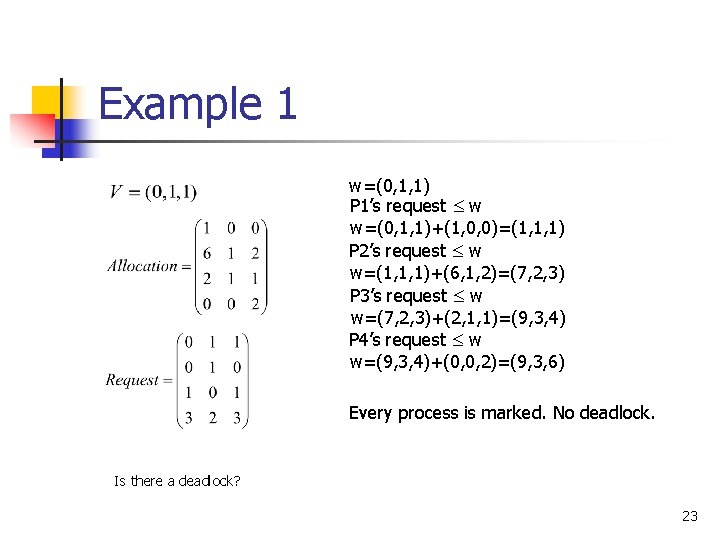 Example 1 w=(0, 1, 1) P 1’s request w w=(0, 1, 1)+(1, 0, 0)=(1,