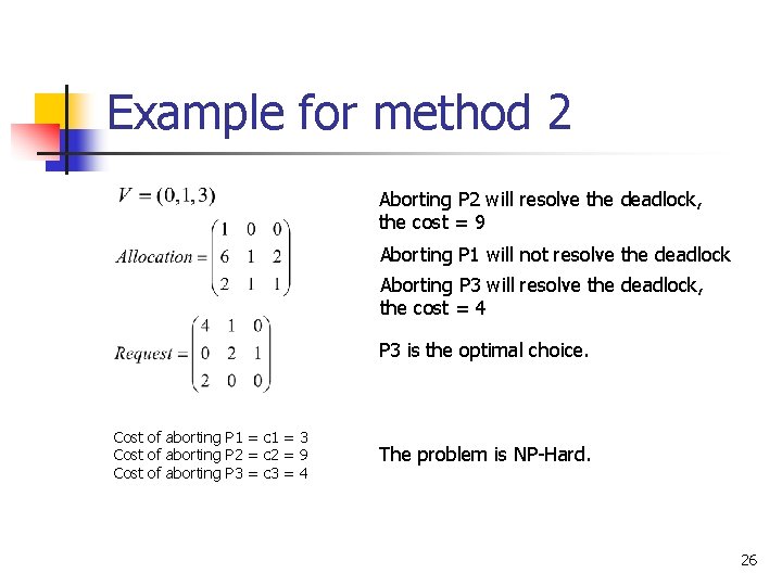 Example for method 2 Aborting P 2 will resolve the deadlock, the cost =