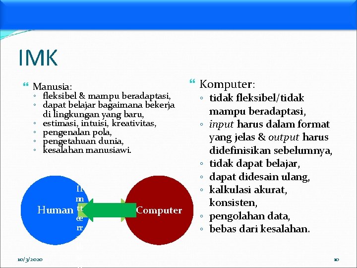 IMK Manusia: ◦ fleksibel & mampu beradaptasi, ◦ dapat belajar bagaimana bekerja di lingkungan