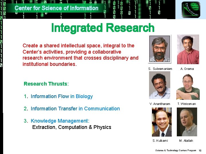 Center for Science of Information Integrated Research Create a shared intellectual space, integral to Center for Science of Information Integrated Research Create a shared intellectual space, integral to