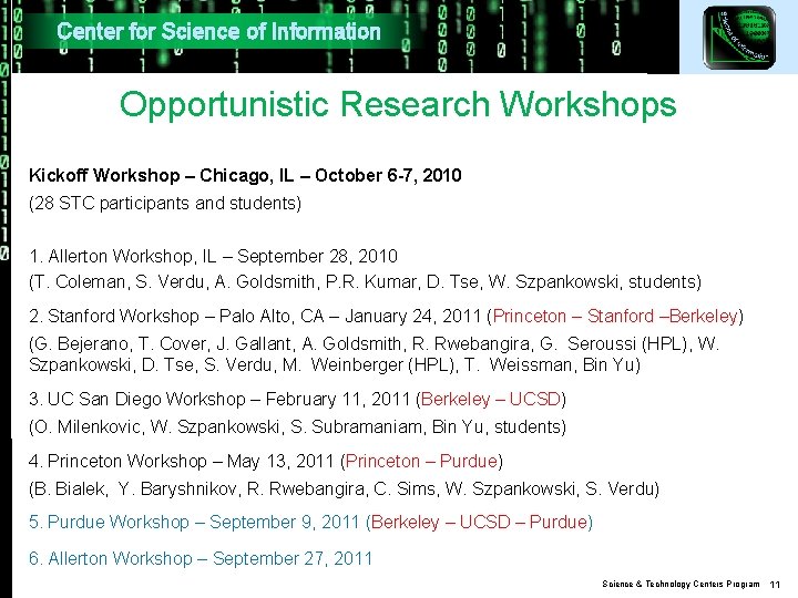 Center for Science of Information Opportunistic Research Workshops Kickoff Workshop – Chicago, IL – Center for Science of Information Opportunistic Research Workshops Kickoff Workshop – Chicago, IL –