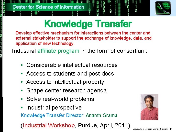 Center for Science of Information Knowledge Transfer Develop effective mechanism for interactions between the Center for Science of Information Knowledge Transfer Develop effective mechanism for interactions between the