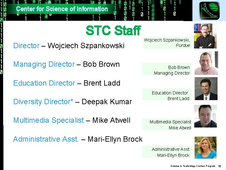 Center for Science of Information STC Staff Director – Wojciech Szpankowski Managing Director – Center for Science of Information STC Staff Director – Wojciech Szpankowski Managing Director –