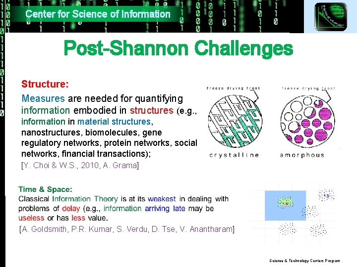 Center for Science of Information Post-Shannon Challenges Structure: Measures are needed for quantifying information Center for Science of Information Post-Shannon Challenges Structure: Measures are needed for quantifying information
