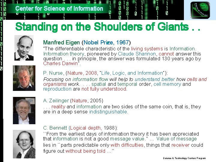 Center for Science of Information Standing on the Shoulders of Giants. . . 1967) Center for Science of Information Standing on the Shoulders of Giants. . . 1967)