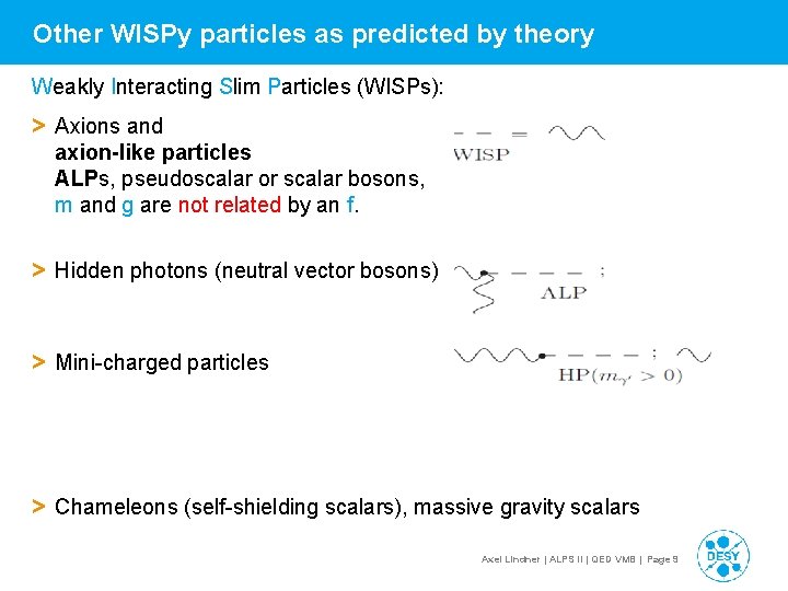 Other WISPy particles as predicted by theory Weakly Interacting Slim Particles (WISPs): > Axions