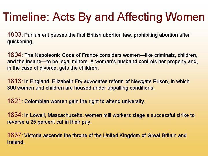 Timeline: Acts By and Affecting Women 1803: Parliament passes the first British abortion law,