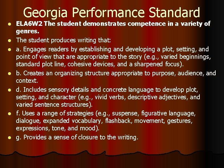 Georgia Performance Standard l l l l ELA 6 W 2 The student demonstrates