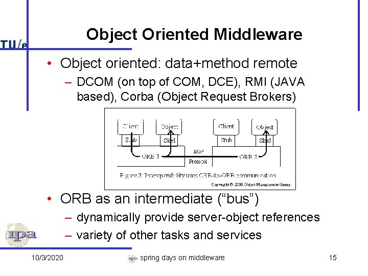 Object Oriented Middleware • Object oriented: data+method remote – DCOM (on top of COM,