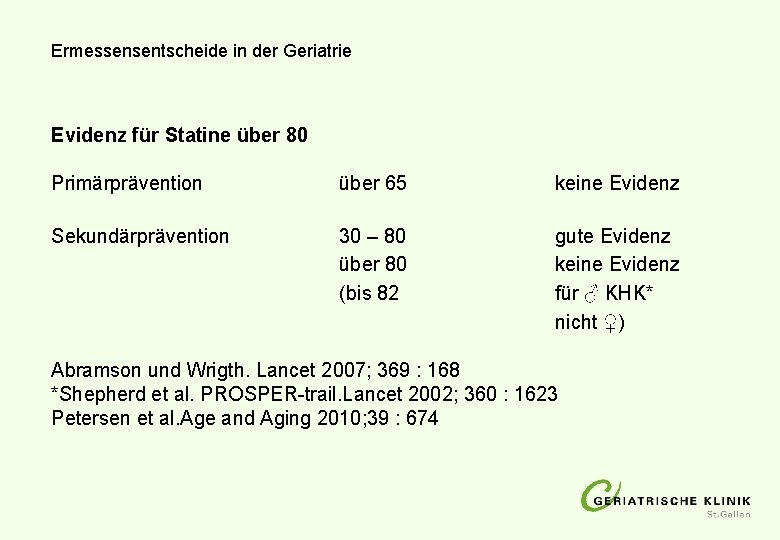 Ermessensentscheide in der Geriatrie Evidenz für Statine über 80 Primärprävention über 65 keine Evidenz Ermessensentscheide in der Geriatrie Evidenz für Statine über 80 Primärprävention über 65 keine Evidenz