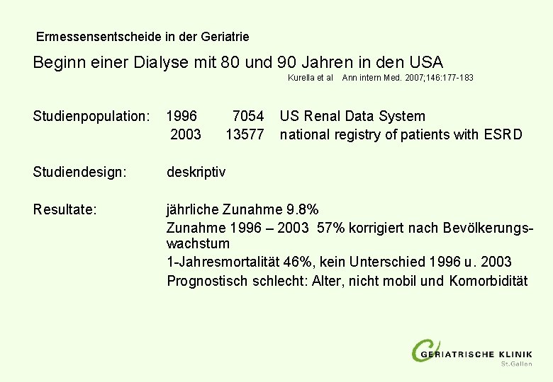 Ermessensentscheide in der Geriatrie Beginn einer Dialyse mit 80 und 90 Jahren in den