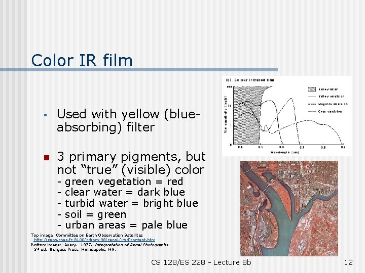 Color IR film § Used with yellow (blueabsorbing) filter n 3 primary pigments, but