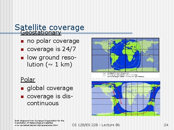 Satellite coverage Geostationary n no polar coverage n coverage is 24/7 n low ground Satellite coverage Geostationary n no polar coverage n coverage is 24/7 n low ground