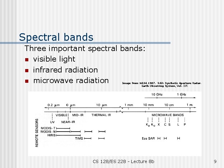 Spectral bands Three important spectral bands: n visible light n infrared radiation n microwave