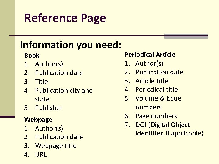 Reference Page Information you need: Book 1. Author(s) 2. Publication date 3. Title 4.