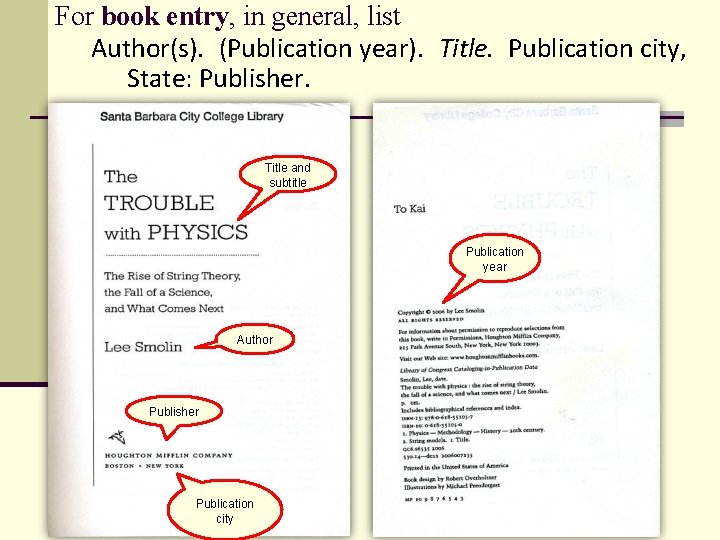 For book entry, in general, list Author(s). (Publication year). Title. Publication city, State: Publisher.