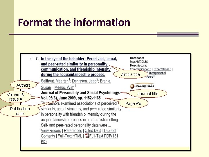 Format the information Title Magazine title Authors Volume & issue # Publication date Page