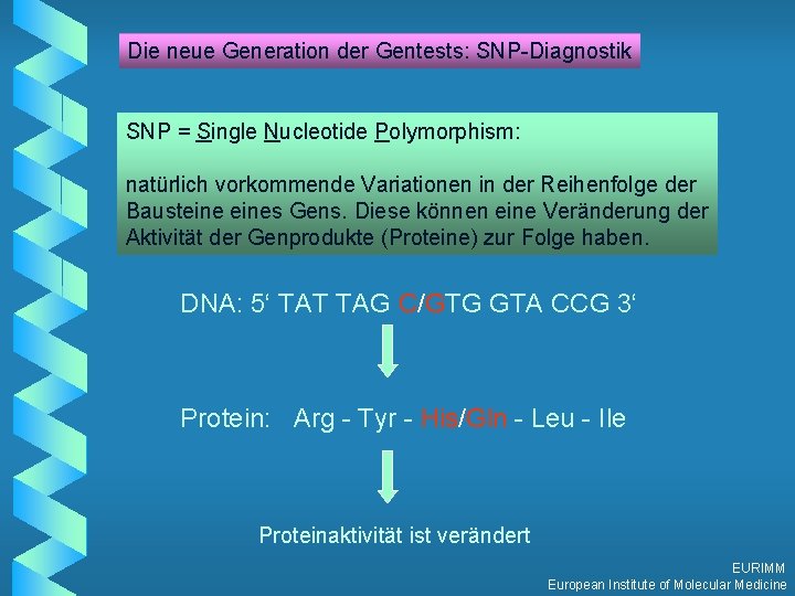 Die neue Generation der Gentests: SNP-Diagnostik SNP = Single Nucleotide Polymorphism: natürlich vorkommende Variationen