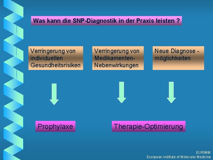 Was kann die SNP-Diagnostik in der Praxis leisten ? Verringerung von individuellen Gesundheitsrisiken Prophylaxe