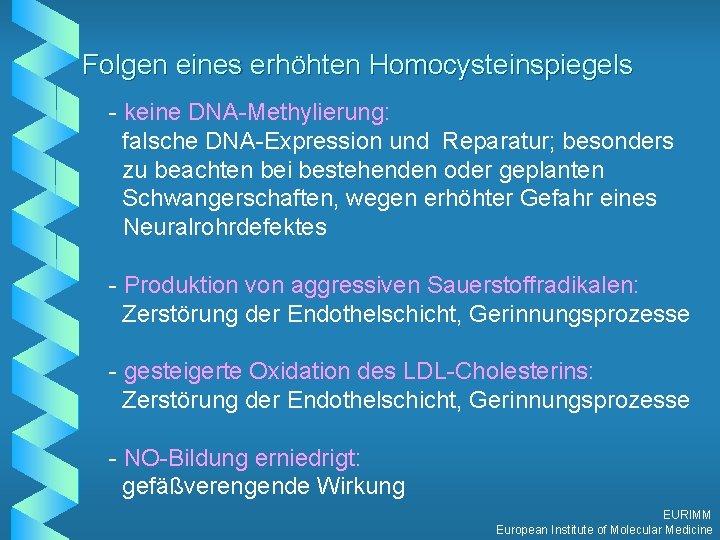 Folgen eines erhöhten Homocysteinspiegels - keine DNA-Methylierung: falsche DNA-Expression und Reparatur; besonders zu beachten