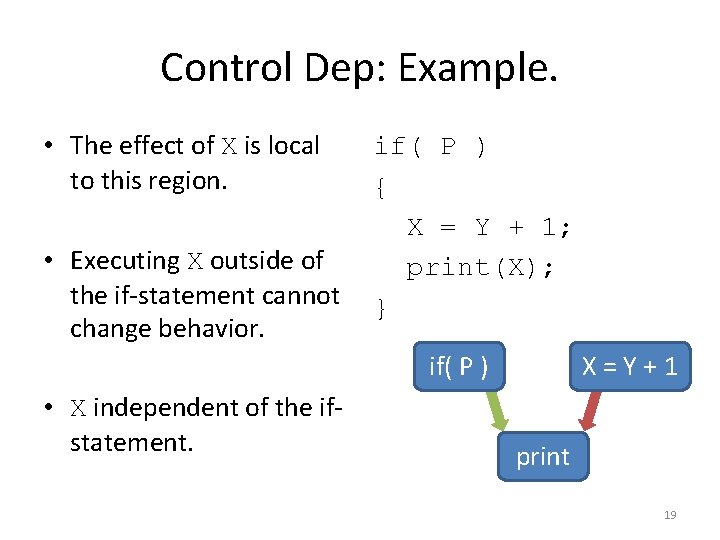Control Dep: Example. • The effect of X is local to this region. •