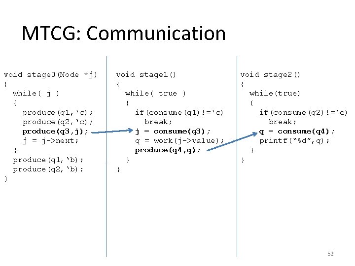 MTCG: Communication void stage 0(Node *j) { while( j ) { produce(q 1, ‘c);