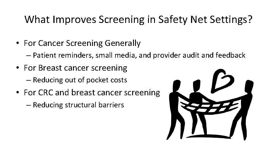 What Improves Screening in Safety Net Settings? • For Cancer Screening Generally – Patient