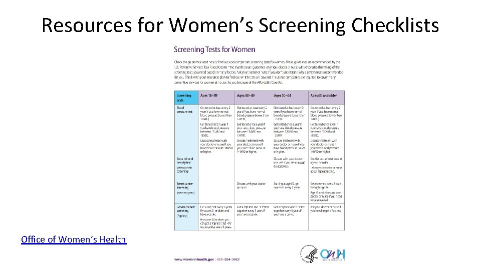 Resources for Women’s Screening Checklists Office of Women’s Health 