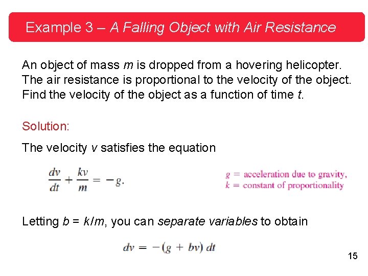 Example 3 – A Falling Object with Air Resistance An object of mass m