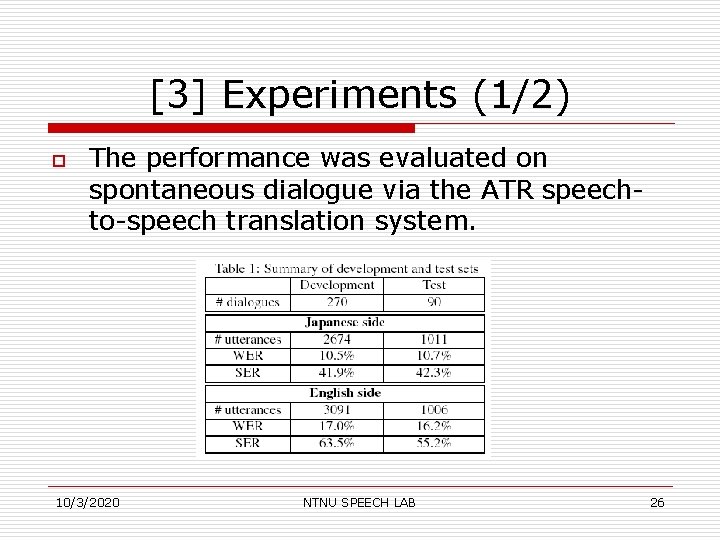 [3] Experiments (1/2) o The performance was evaluated on spontaneous dialogue via the ATR