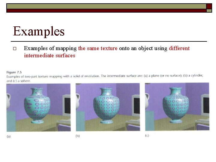 Examples of mapping the same texture onto an object using different intermediate surfaces 