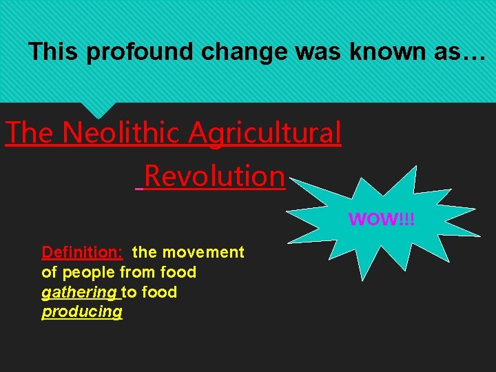 This profound change was known as… The Neolithic Agricultural Revolution WOW!!! Definition: the movement
