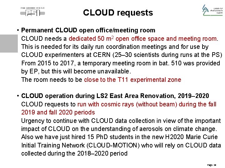 CLOUD requests • Permanent CLOUD open office/meeting room CLOUD needs a dedicated 50 m