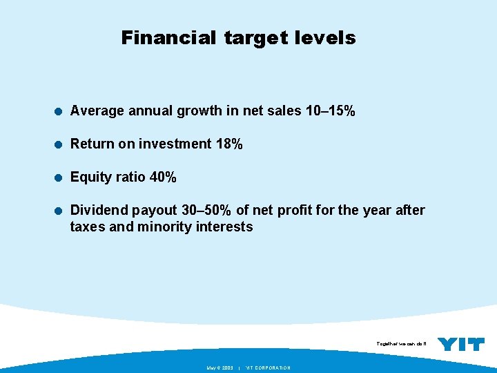 Financial target levels = Average annual growth in net sales 10– 15% = Return